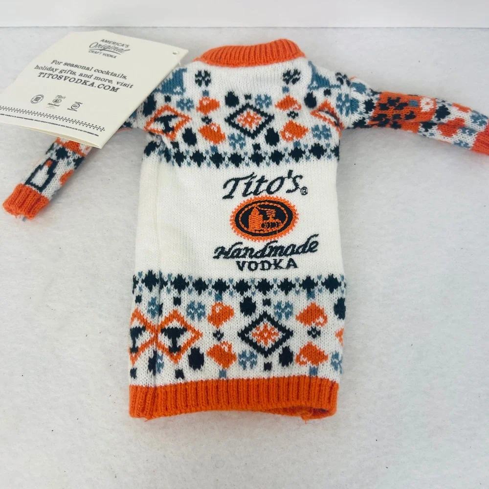 Titos Handmade Vodka Holiday Bottle Sweater Fair Isle Orange White Blue New Tag